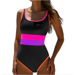 NWT POPVIL‎ Black Neon One-piece Swimsuit with Tummy Control